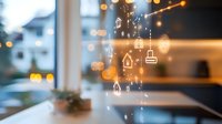 Glowing smart home icons floating over kitchen counter with bokeh lights background, modern home automation concept for connected living space.
