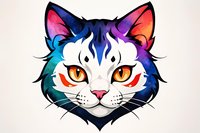 Colorful artistic cat face with rainbow gradient fur pattern and piercing orange eyes on white background, stylized geometric design for mascot and logo applications.