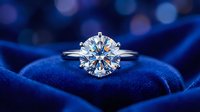 Elegant diamond solitaire engagement ring with brilliant cut stone on luxurious blue velvet jewelry box with bokeh lights background for wedding proposals.