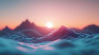 Digital mountain landscape with glowing wireframe terrain against pink sunset sky and rising sun, featuring neon blue grid surface and atmospheric lighting effects.