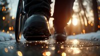 Close-up of boots walking on wet ground at sunset with golden bokeh lights and melting snow, creating atmospheric winter scene with reflective puddles and sunlit forest.