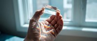 Hand holding clear glass of pure water against bright window light creating transparency and freshness for health and hydration concepts.