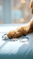 Fluffy dog paw next to stethoscope and white pills on medical table representing veterinary healthcare and pet medicine treatment concept.