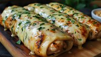 Savory crepes filled with meat and vegetables, topped with melted cheese and fresh herbs on wooden cutting board for culinary presentations.
