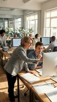 Mature female architect in gray blazer mentoring young male colleague at wooden desk in bright, modern office with large windows, potted plants, and multiple coworkers using computers in collaborative workspace.