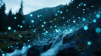 Magical waterfall in night forest with glowing blue fireflies and sparkles creating ethereal atmosphere against mountain silhouette and starry background.