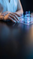 Businesswoman hands touching holographic digital interface with glowing data visualization and futuristic technology elements on dark surface.