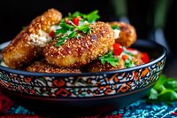 Crispy breaded chicken wings garnished with fresh herbs and chili in decorative oriental bowl. Close up view of spicy appetizer with golden crust and parsley.