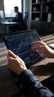 Businessman analyzing financial data and stock market charts on tablet in modern office environment with colleague working in background.