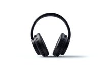 Black wireless headphones with over-ear cushions isolated on white background, front view. Professional audio equipment for music and sound production.