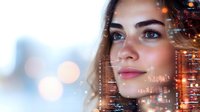 Young woman with South Asian features wearing digital circuit overlay and glowing tech elements, representing artificial intelligence, machine learning, and digital transformation for technology, innovation, and future concepts.