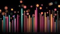 Colorful vertical lines in neon pink, turquoise and orange glow against dark background with bokeh effect, creating modern abstract equalizer pattern.