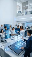 Diverse business team collaborating with futuristic holographic technology and interactive displays in modern corporate office environment.