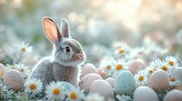 Adorable grey bunny sitting among pastel Easter eggs and blooming daisies in soft spring sunlight, creating magical holiday atmosphere with bokeh effect.