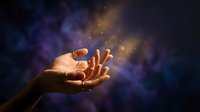 Open hand reaching toward glowing magical light particles against cosmic nebula background with purple and golden hues for spiritual and fantasy concepts.