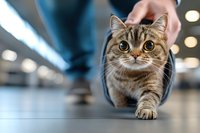 Curious tabby cat with big round eyes walking through legs on blurred background. Low angle view of playful domestic pet exploring indoor space.