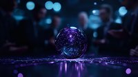 Crystal ball with purple galaxy stars reflecting cosmic universe energy on dark surface with bokeh lights background for fortune telling mystical predictions.
