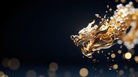 Liquid gold splash with droplets on dark background, dynamic fluid motion with bokeh light effects creating luxury abstract composition.