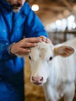 Caring farmer in blue workwear gently petting young white calf in wooden barn. Close up view shows tender moment between livestock caretaker and baby cow.