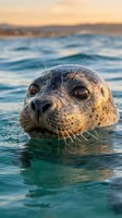 Adorable harbor seal swimming in ocean water during golden hour sunset with warm lighting and peaceful marine wildlife atmosphere.