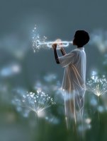 Young African American male in white clothing playing trumpet among magical glowing dandelions, creating sparkles of light in dreamy blue atmosphere.
