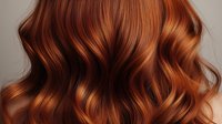 Luxurious copper red wavy hair with soft curls cascading down, showing professional hairstyling technique and healthy shine on neutral background.