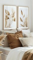 Minimalist bedroom interior with sepia botanical prints, brown cushions, and neutral bedding. Elegant wall art features watercolor leaves in wooden frames.