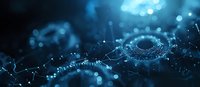 Glowing DNA spiral structure with blue bokeh lights and particles on dark background, scientific molecular concept for genetics and biotechnology research.