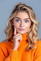 Young blonde woman with bright blue eyes wearing orange turtleneck sweater poses thoughtfully with finger on cheek against blue background.