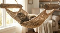 Tabby cat relaxing in woven jute hammock suspended indoors near window, domestic pet lounging in comfortable hanging bed for home decor.