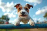 Adorable Jack Russell Terrier puppy peeking over blue fence with paws hanging down, against blurred blue sky with white clouds, warm sunlight creating soft focus.