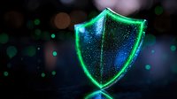 Glowing green shield with sparkles on dark background represents digital security and protection concept, surrounded by bokeh lights and particles.