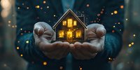 Glowing miniature house held in cupped hands against dark background with magical bokeh lights creating cozy atmospheric scene for real estate or home concept.
