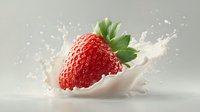 Fresh ripe strawberry splashing into creamy white milk with dynamic droplets and splash effects on neutral background for food advertising.