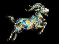 Decorative goat with ornate blue and gold floral patterns, isolated on transparent background. Ready for t-shirt design, clipart, stickers, sublimation, and print-on-demand products.