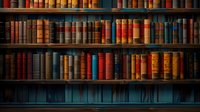 Vintage leather-bound books arranged on wooden library shelves create atmospheric mood with dramatic lighting highlighting rich colors and classic spines.