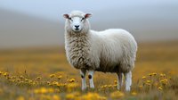 White sheep standing in yellow wildflower meadow against blurred natural background, looking at camera. Woolly farm animal in spring pastoral landscape.