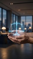 Hands holding glowing holographic scales of justice in modern law office with city view representing legal technology and digital transformation in legal services.