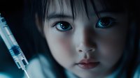 Young Asian girl with striking blue eyes in dramatic lighting with medical syringe in background, representing healthcare, medicine, vaccination or pediatric care.