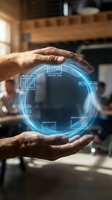 Male hands holding glowing blue digital hologram with interconnected business icons, charts, and workflow symbols representing team sync, project updates, and productivity metrics in modern office workspace.