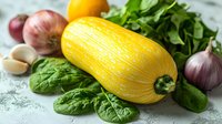Fresh yellow spaghetti squash with spinach leaves, red onions and garlic cloves on light textured background, healthy seasonal vegetables for cooking.