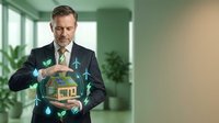 Middle-aged Caucasian male professional in dark business suit holding glowing smart home model with digital icons, representing real estate technology and sustainable living solutions.