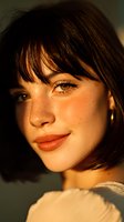 Close-up portrait of young woman with freckles and short dark hair in warm golden sunset light, showcasing natural beauty and soft expression.
