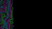 Colorful electronic circuit board pattern with neon green and purple traces on black background for technology designs and digital presentations.
