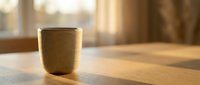 Empty ceramic mug on wooden table with warm sunlight streaming through window, suitable for beverage, lifestyle, and product mockup designs.