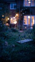 Wooden rope swing in twilight garden with warm house lights creating cozy evening atmosphere for relaxation and childhood memories.