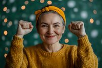 Cheerful mature Caucasian woman in yellow sweater and headband celebrating success with raised fists against festive bokeh lights background.