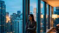 Professional Asian businesswoman standing by floor-to-ceiling windows overlooking illuminated city skyline at dusk, arms crossed in contemplative pose.