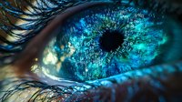 Digital data visualization in human eye macro shot with mathematical formulas and binary code reflected in bright blue iris and black pupil. Technology concept.