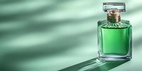 Elegant green perfume bottle with crystal glass design casting long shadow on mint background. Luxury fragrance concept for beauty and cosmetic marketing.